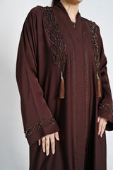 Embroidered Brown Abaya with Beaded Detailing & Tassel Accents
