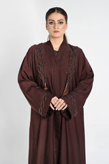 Embroidered Brown Abaya with Beaded Detailing & Tassel Accents