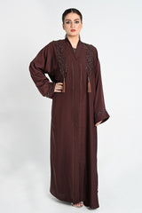 Embroidered Brown Abaya with Beaded Detailing & Tassel Accents
