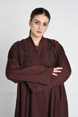 Embroidered Brown Abaya with Beaded Detailing & Tassel Accents
