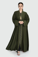 Elegant Olive Green Abaya with Embroidered Details – Modest Fashion for Women
