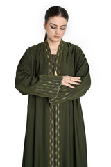 Elegant Olive Green Abaya with Embroidered Details – Modest Fashion for Women