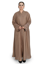 Elegant Brown Abaya with Embroidered Sleeves & Belt – Modest Fashion