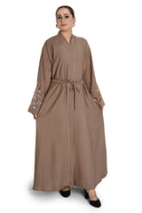 Elegant Brown Abaya with Embroidered Sleeves & Belt – Modest Fashion