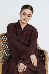 Dark Brown Embroidered Abaya with Waist Belt & Tassel Details – Modest Elegance
