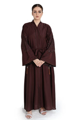 Dark Brown Embroidered Abaya with Waist Belt & Tassel Details – Modest Elegance