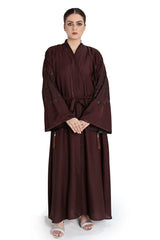 Dark Brown Embroidered Abaya with Waist Belt & Tassel Details – Modest Elegance
