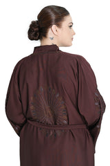 Dark Brown Embroidered Abaya with Waist Belt & Tassel Details – Modest Elegance