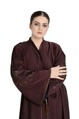 Dark Brown Embroidered Abaya with Waist Belt & Tassel Details – Modest Elegance