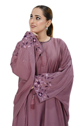 Mauve Tea Pink Embroidered Abaya with Tassel Sleeves – Elegant Modest Wear
