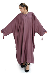 Mauve Tea Pink Embroidered Abaya with Tassel Sleeves – Elegant Modest Wear