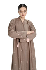 Light Brown Skin Embroidered Abaya with Tassel Details – Elegant Modest Fashion