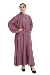 Dusty Pink Embroidered Abaya with Waist Belt – Elegant Modest Fashion