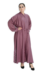 Dusty Pink Embroidered Abaya with Waist Belt – Elegant Modest Fashion