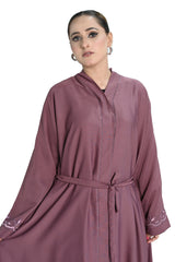 Dusty Pink Embroidered Abaya with Waist Belt – Elegant Modest Fashion