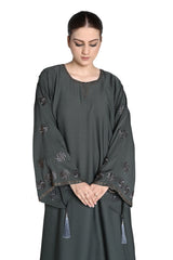 Sea Green Embroidered Abaya with Tassel Sleeves – Elegant Modest Wear