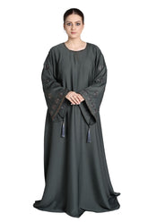 Sea Green Embroidered Abaya with Tassel Sleeves – Elegant Modest Wear