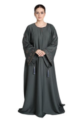 Sea Green Embroidered Abaya with Tassel Sleeves – Elegant Modest Wear