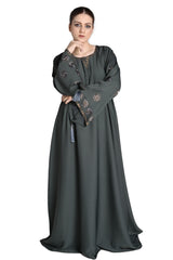 Sea Green Embroidered Abaya with Tassel Sleeves – Elegant Modest Wear