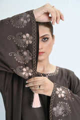 Coffee Skin Embroidered Abaya with Tassel Sleeves – Elegant Modest Wear