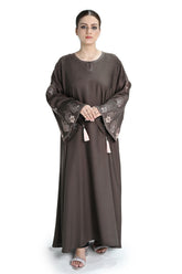 Coffee Skin Embroidered Abaya with Tassel Sleeves – Elegant Modest Wear