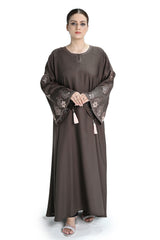 Coffee Skin Embroidered Abaya with Tassel Sleeves – Elegant Modest Wear