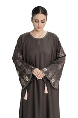 Coffee Skin Embroidered Abaya with Tassel Sleeves – Elegant Modest Wear