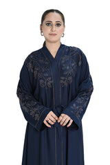 Navy Blue Embroidered Abaya with Waist Belt – Elegant Modest Fashion
