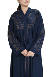 Navy Blue Embroidered Abaya with Waist Belt – Elegant Modest Fashion