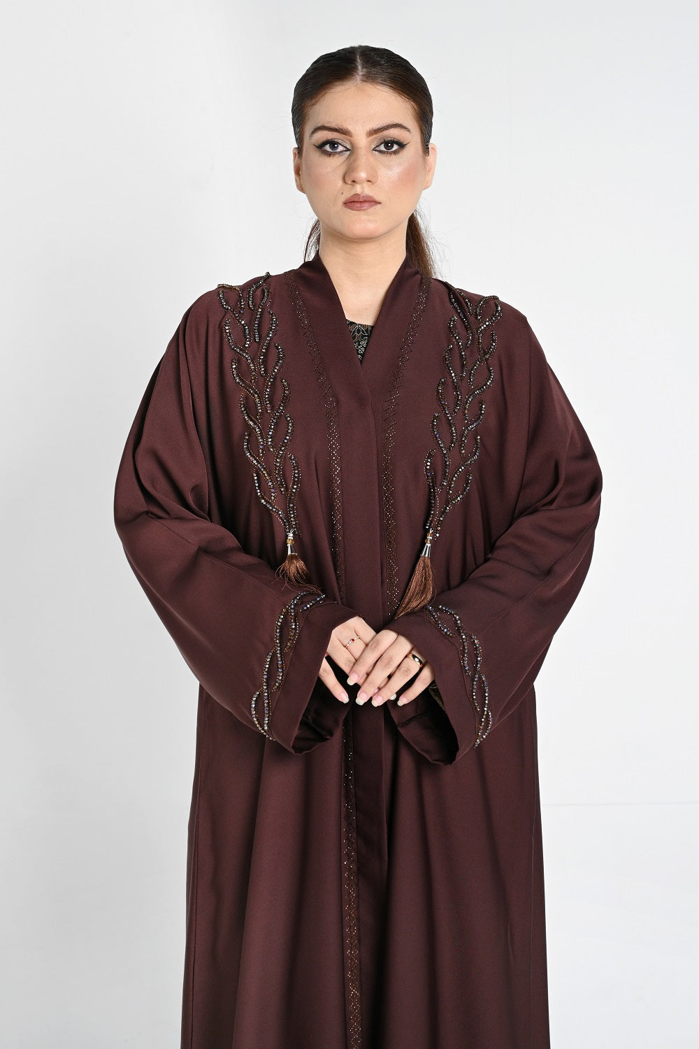 Embroidered Brown Abaya with Beaded Detailing & Tassel Accents