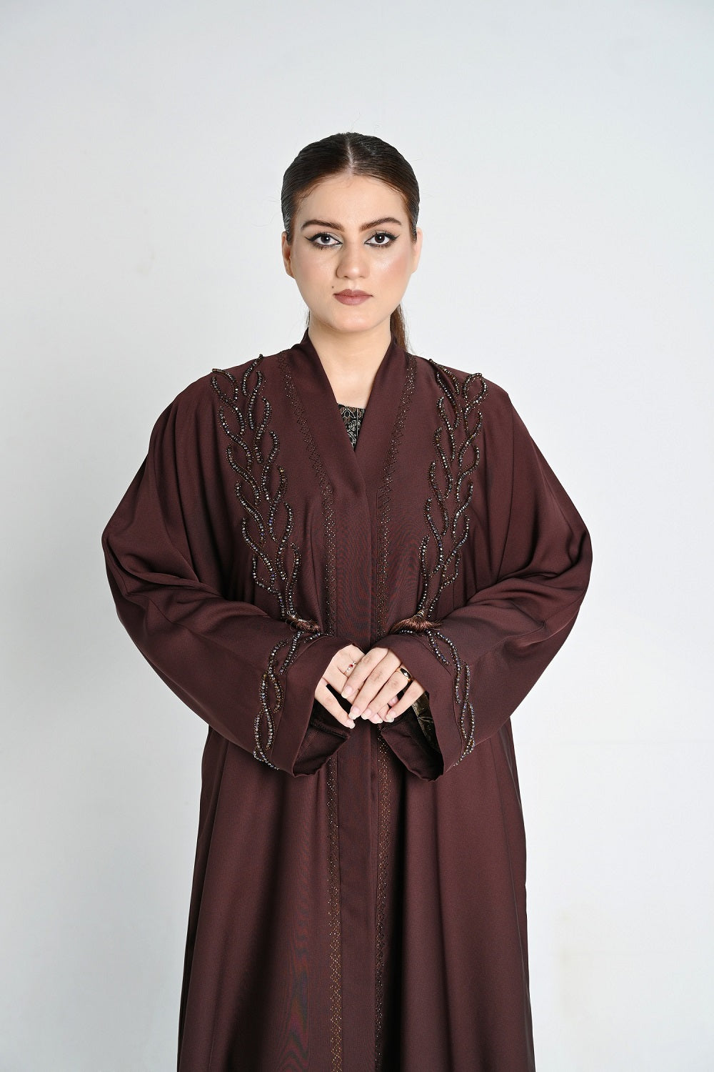 Embroidered Brown Abaya with Beaded Detailing & Tassel Accents