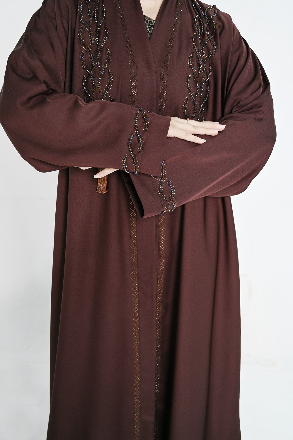 Embroidered Brown Abaya with Beaded Detailing & Tassel Accents