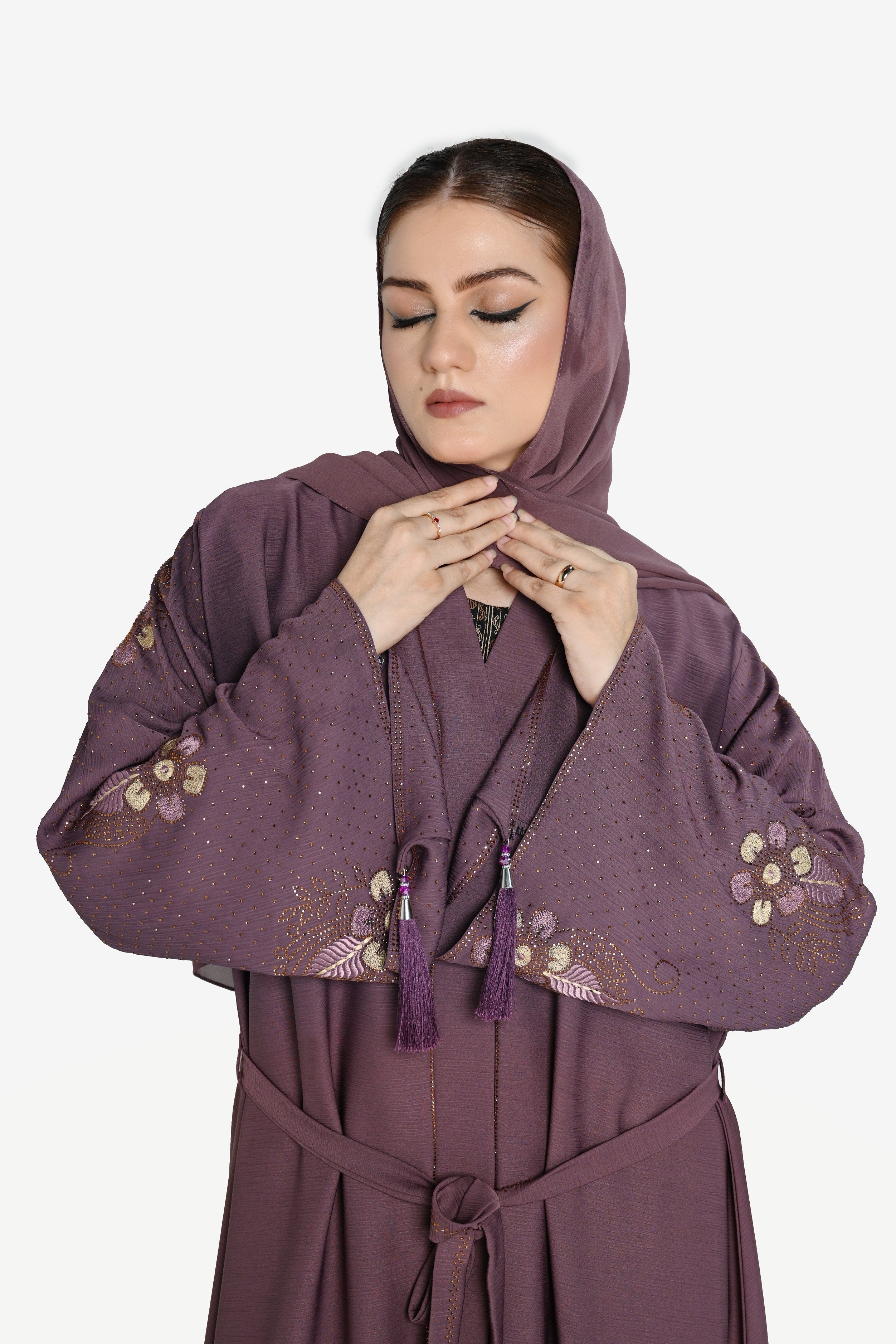 Elegant Purple Embroidered Abaya with Hijab – Modest Islamic Dress for Women Online