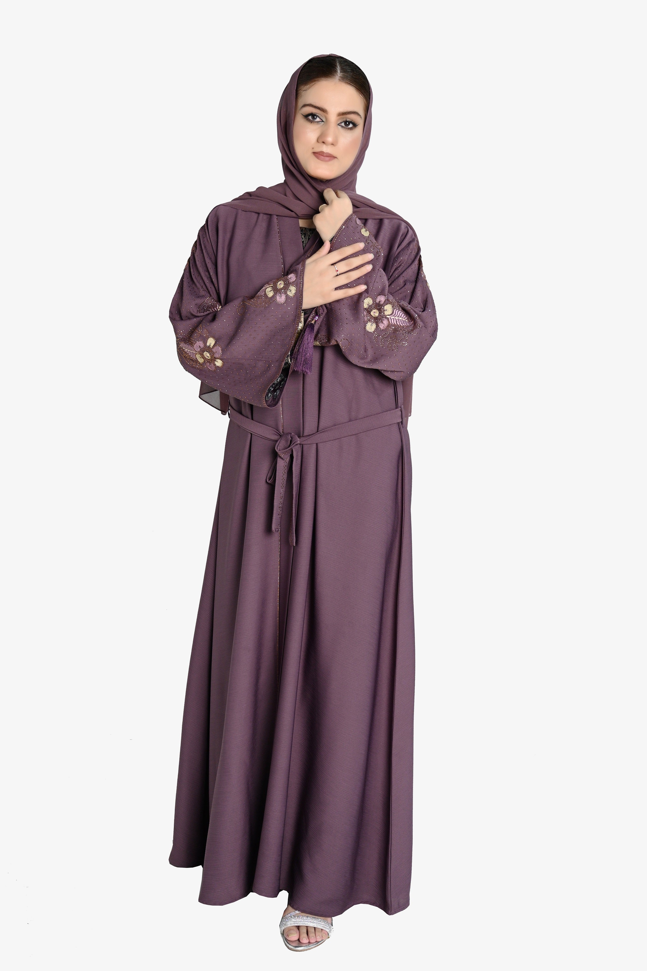 Elegant Purple Embroidered Abaya with Hijab – Modest Islamic Dress for Women Online