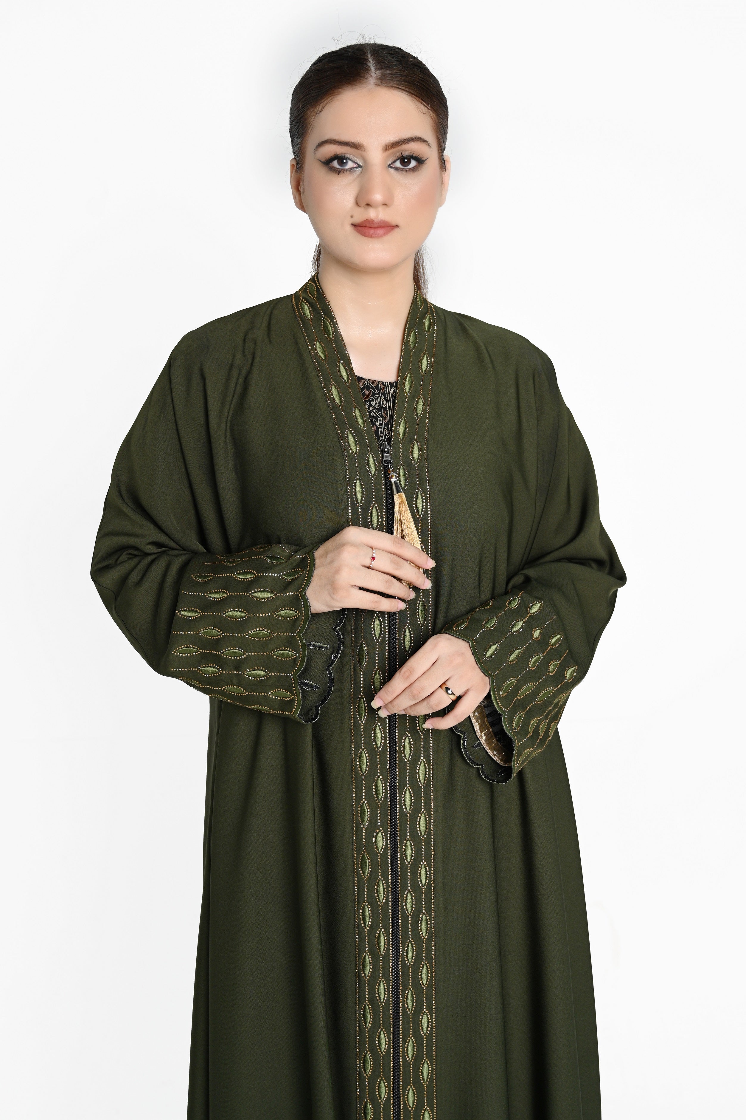 Elegant Olive Green Abaya with Embroidered Details – Modest Fashion for Women