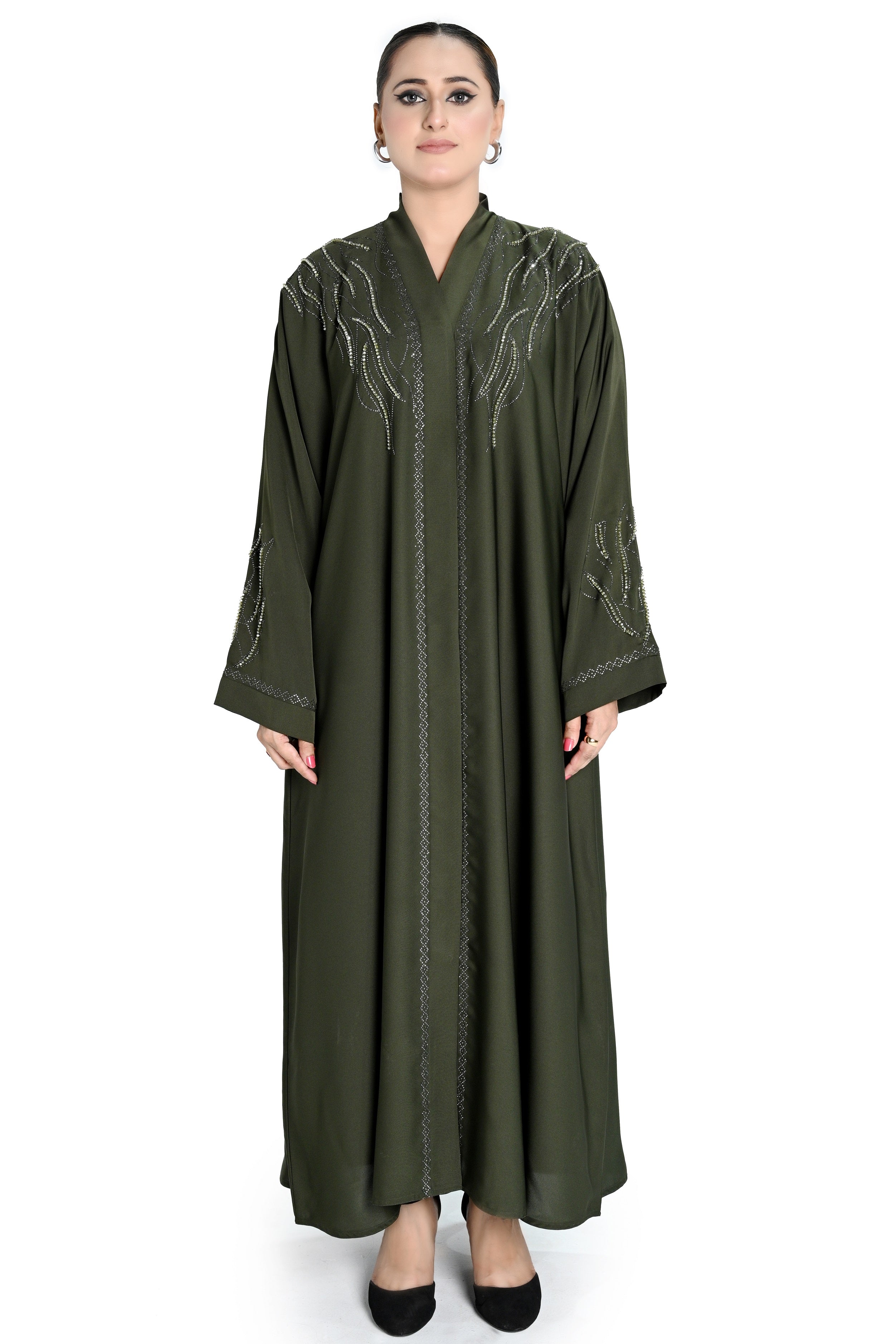 Olive Green Beaded Abaya – Elegant Modest Wear for Special Occasions
