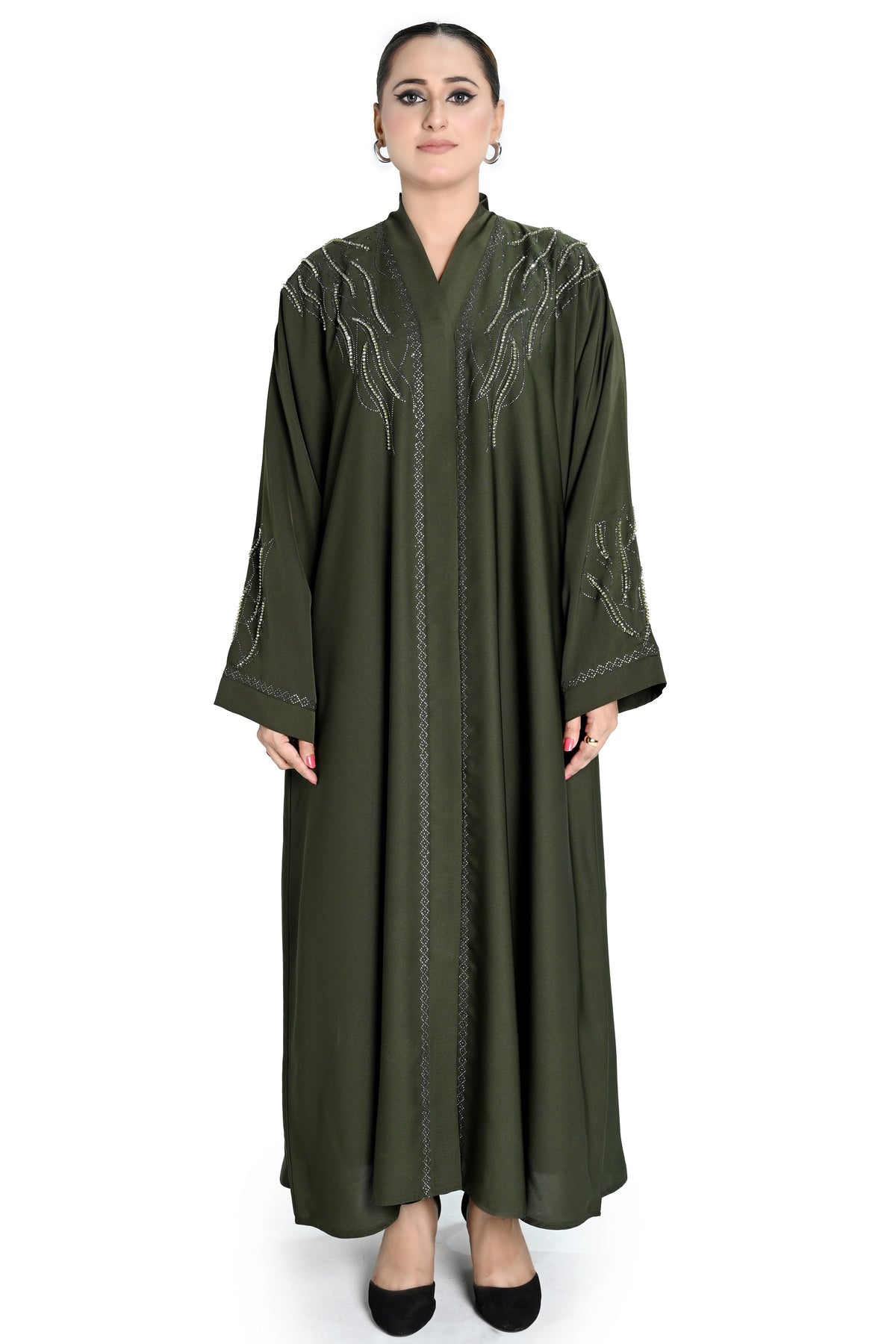 Olive Green Beaded Abaya – Elegant Modest Wear for Special Occasions