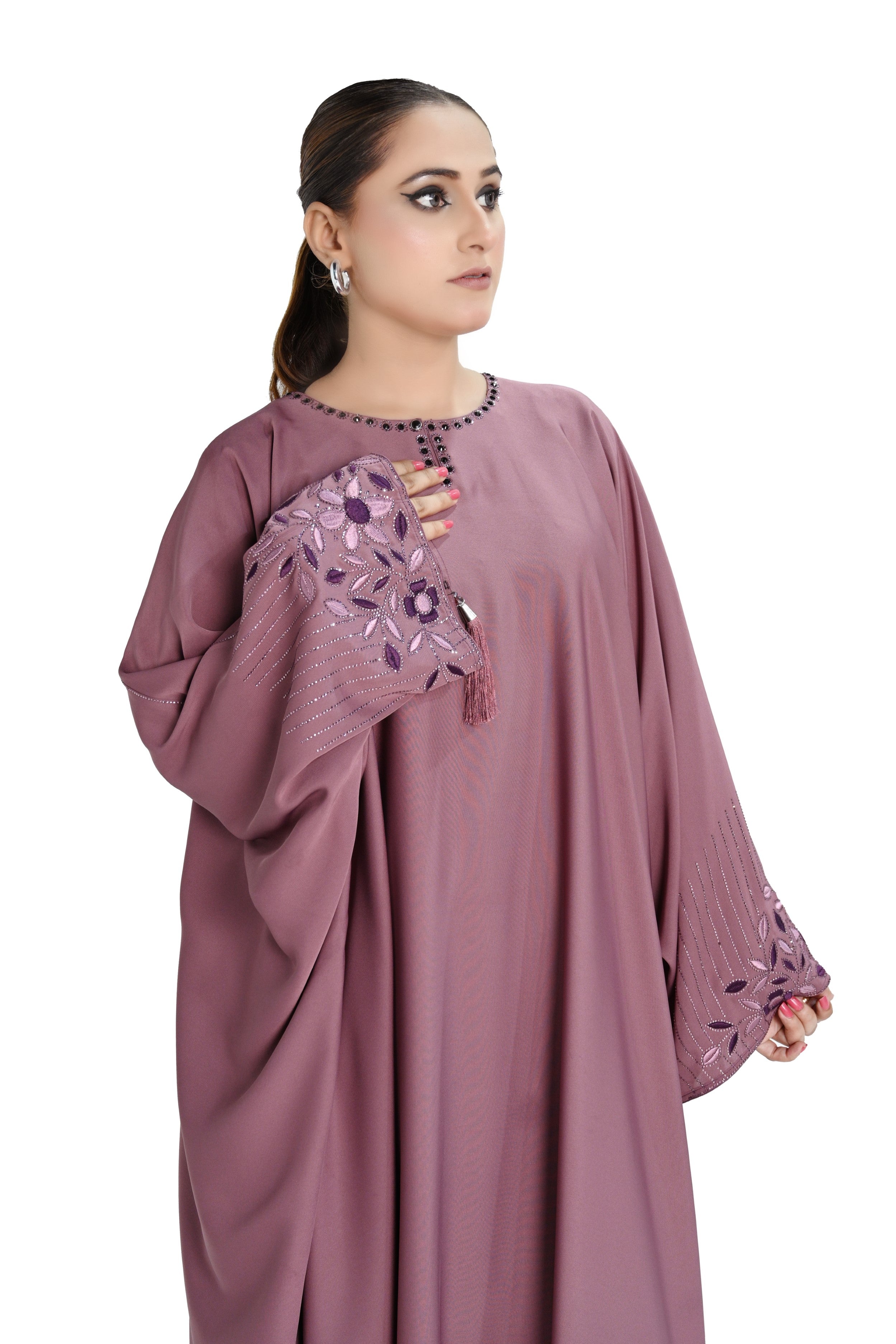 Mauve Tea Pink Embroidered Abaya with Tassel Sleeves – Elegant Modest Wear