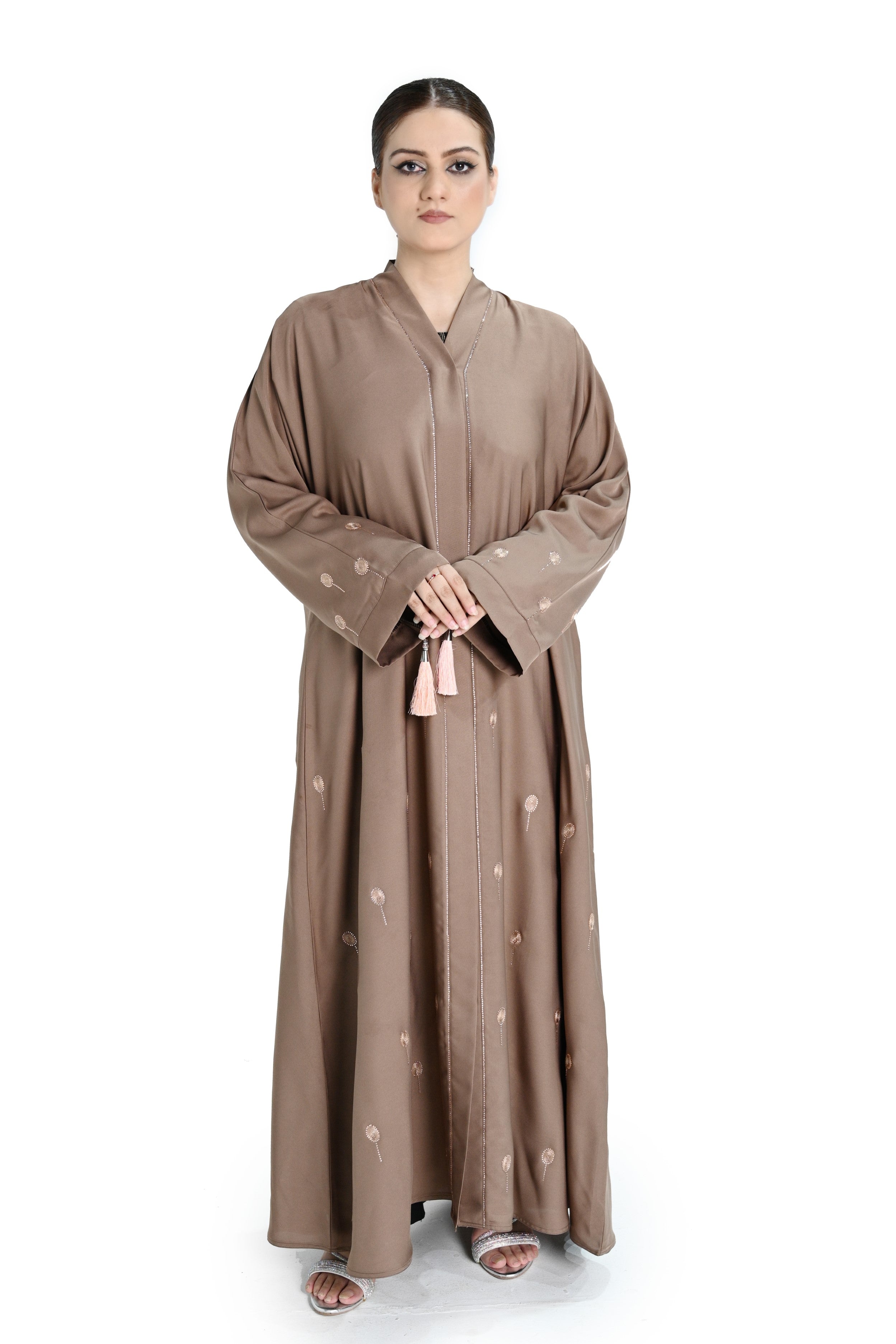 Light Brown Skin Embroidered Abaya with Tassel Details – Elegant Modest Fashion