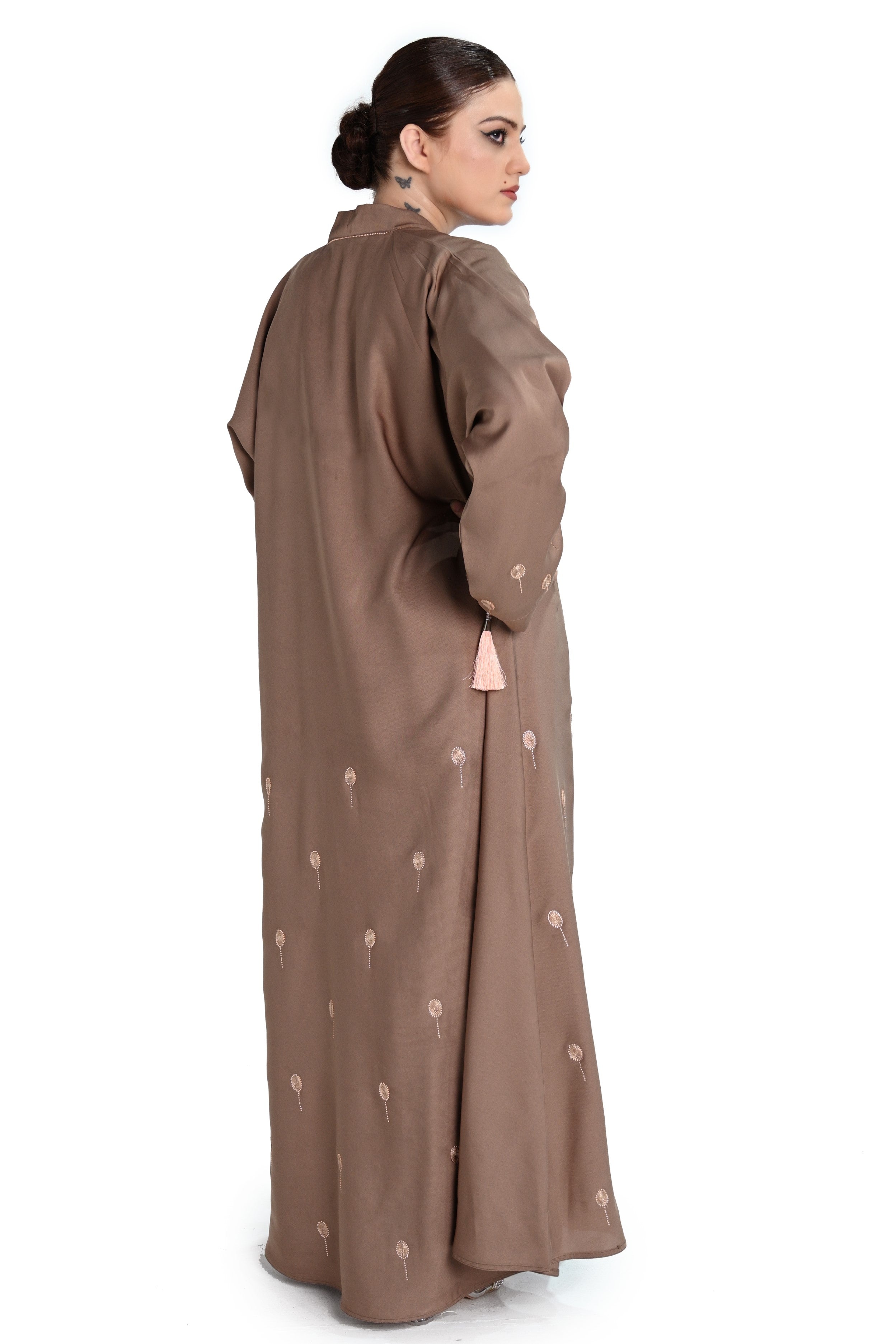 Light Brown Skin Embroidered Abaya with Tassel Details – Elegant Modest Fashion