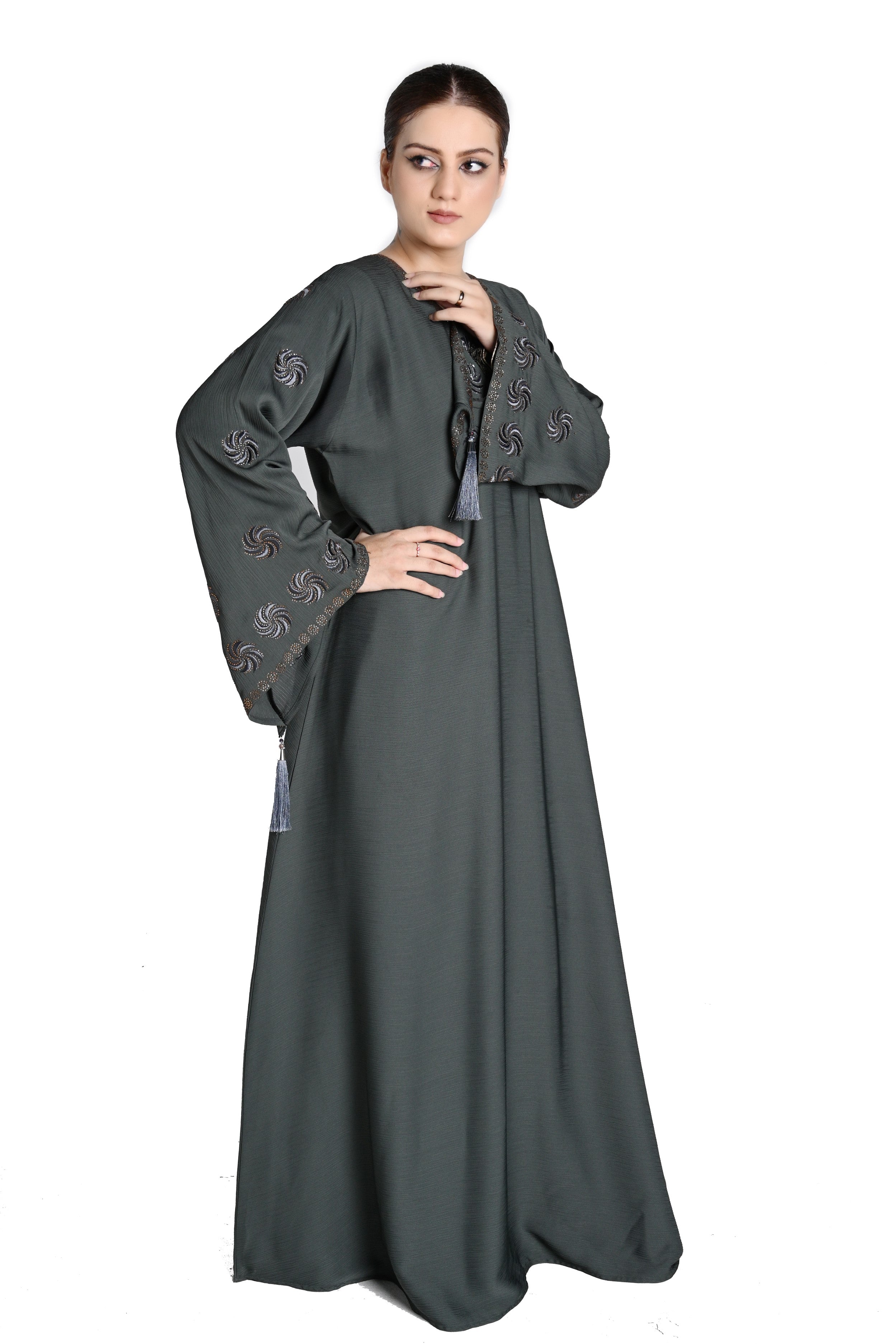 Sea Green Embroidered Abaya with Tassel Sleeves – Elegant Modest Wear