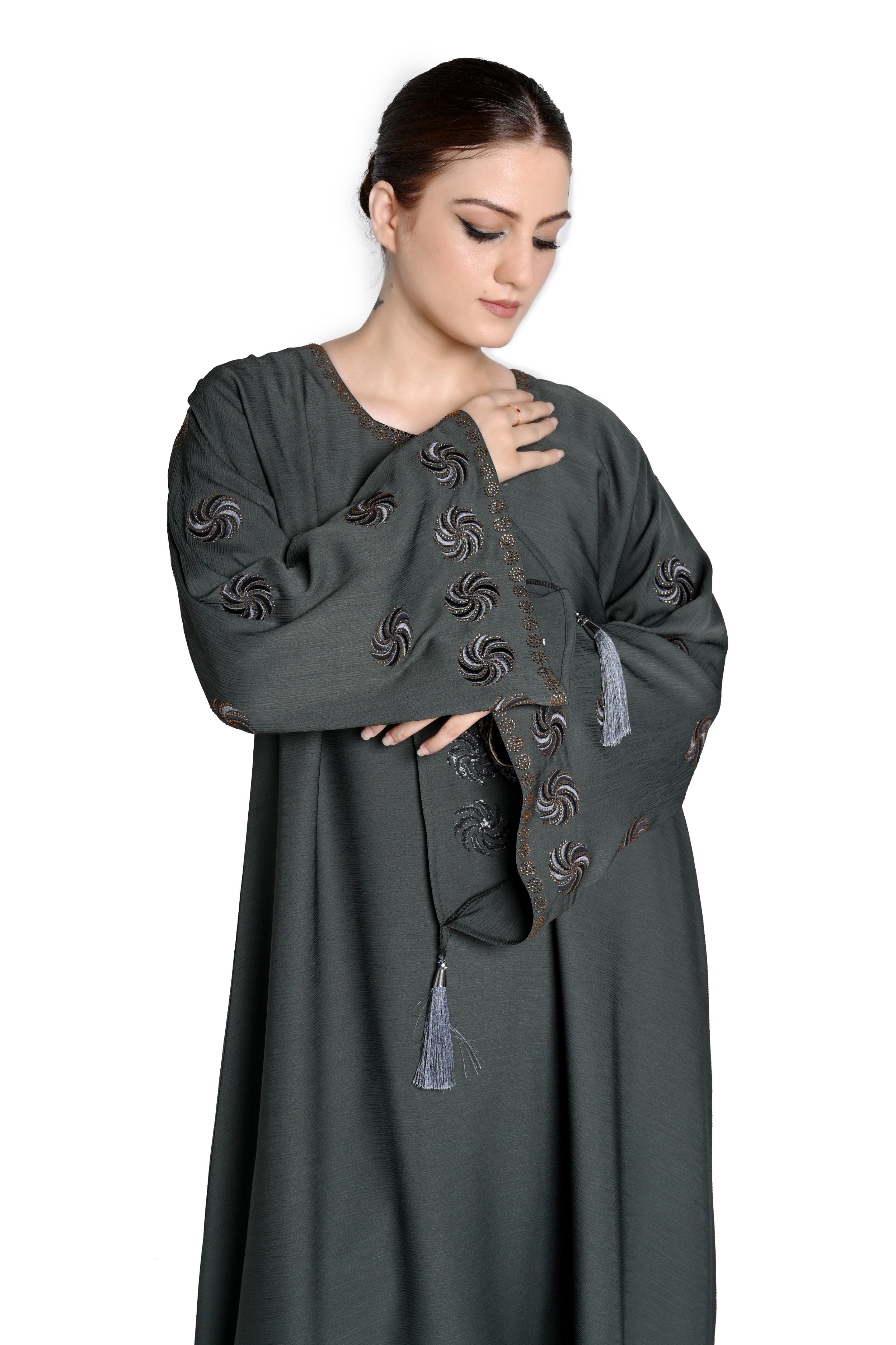 Sea Green Embroidered Abaya with Tassel Sleeves – Elegant Modest Wear
