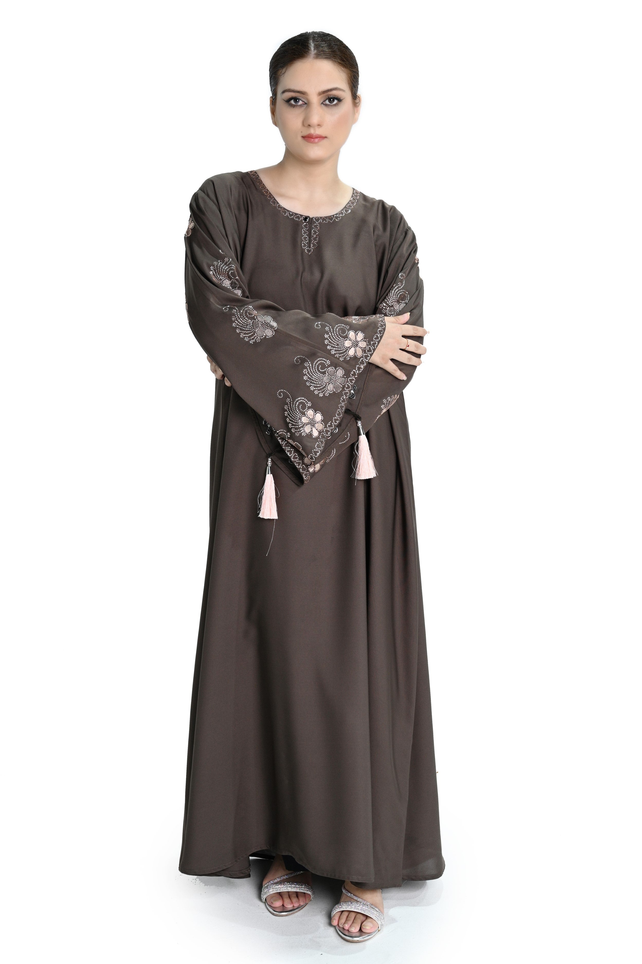 Coffee Skin Embroidered Abaya with Tassel Sleeves – Elegant Modest Wear