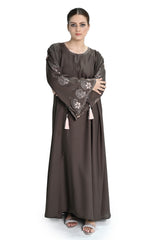 Coffee Skin Embroidered Abaya with Tassel Sleeves – Elegant Modest Wear