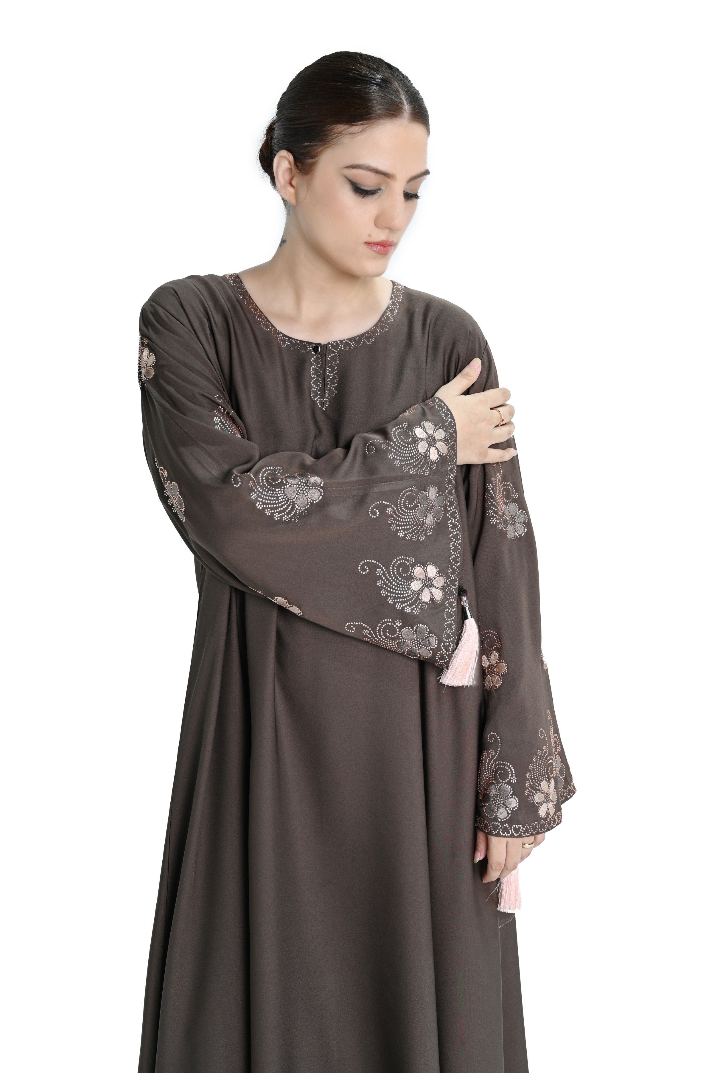 Coffee Skin Embroidered Abaya with Tassel Sleeves – Elegant Modest Wear