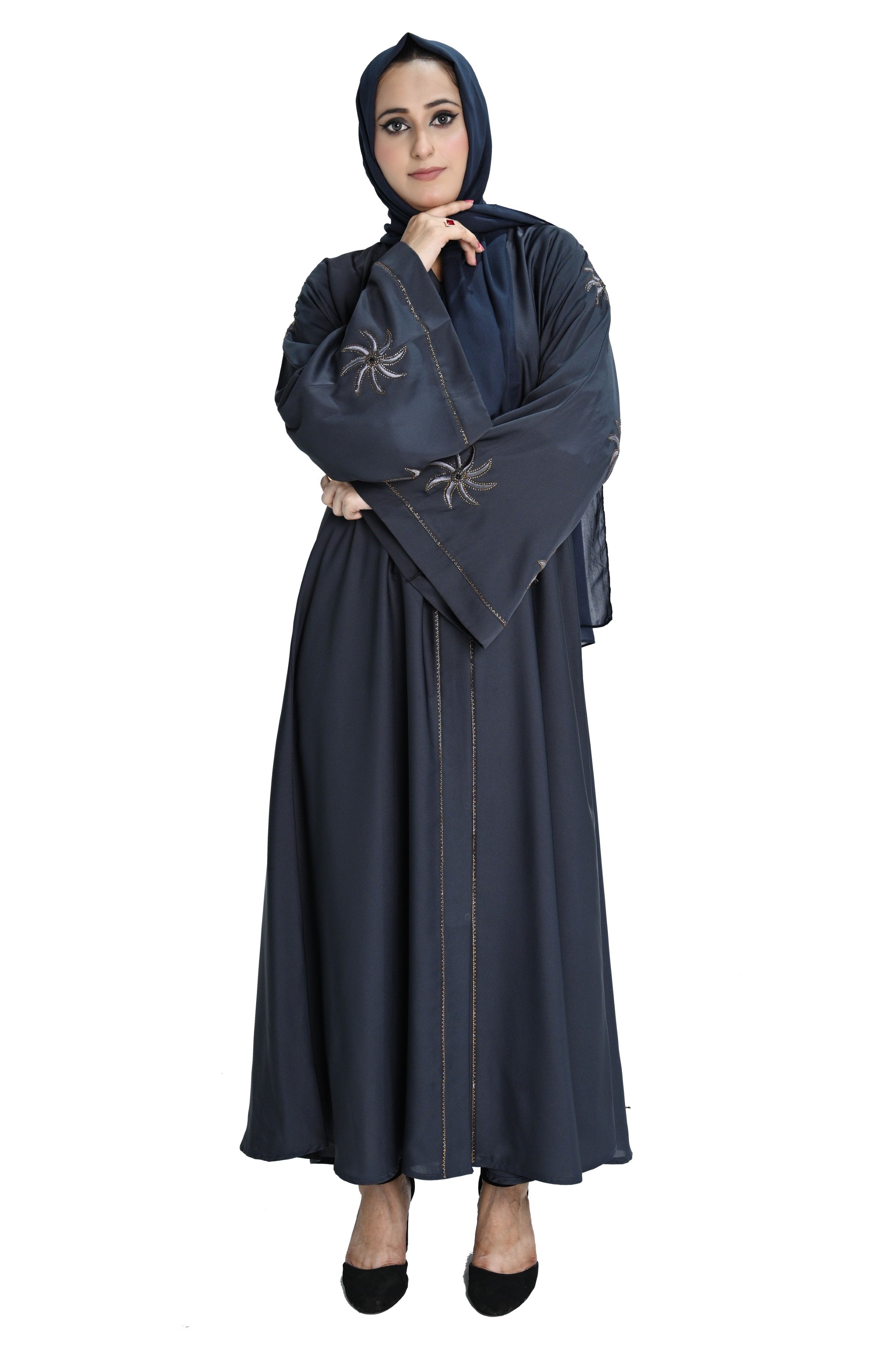 Grey  Embroidered Abaya with Hijab – Elegant Modest Wear