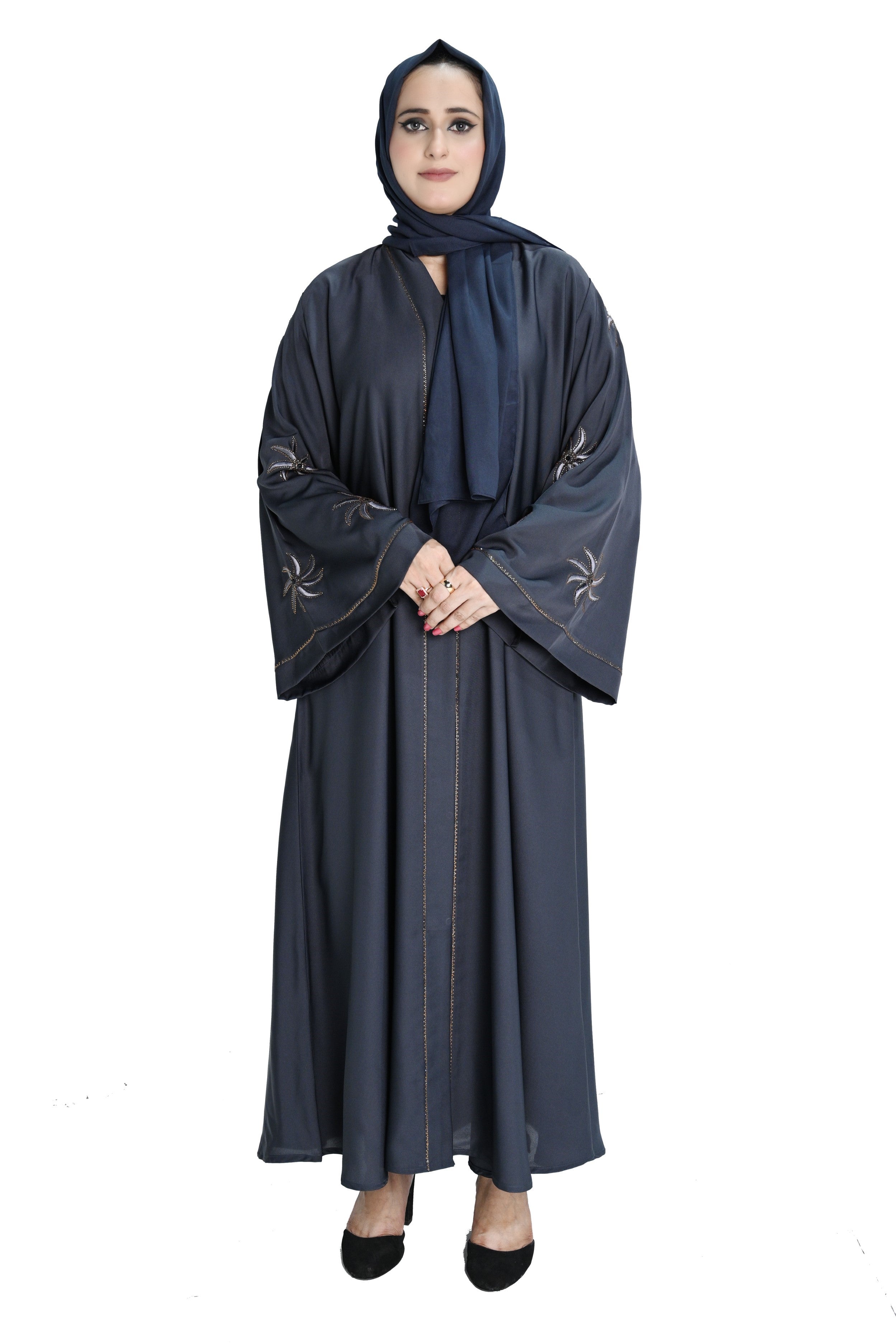 Grey  Embroidered Abaya with Hijab – Elegant Modest Wear