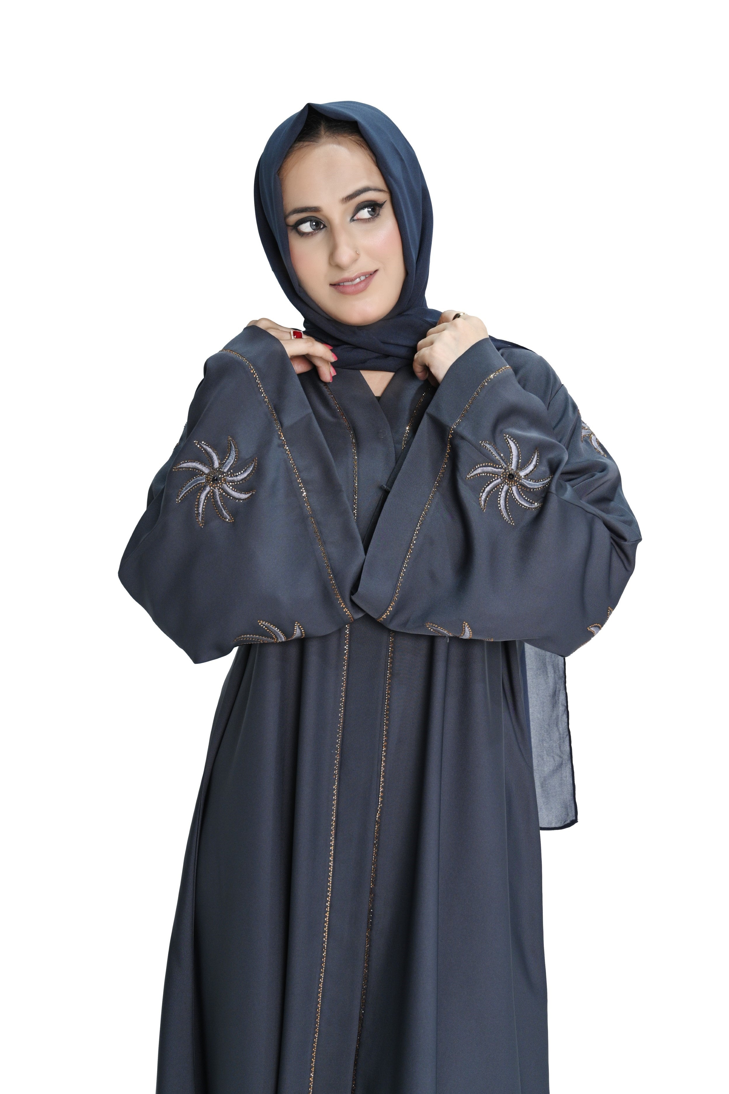 Grey  Embroidered Abaya with Hijab – Elegant Modest Wear