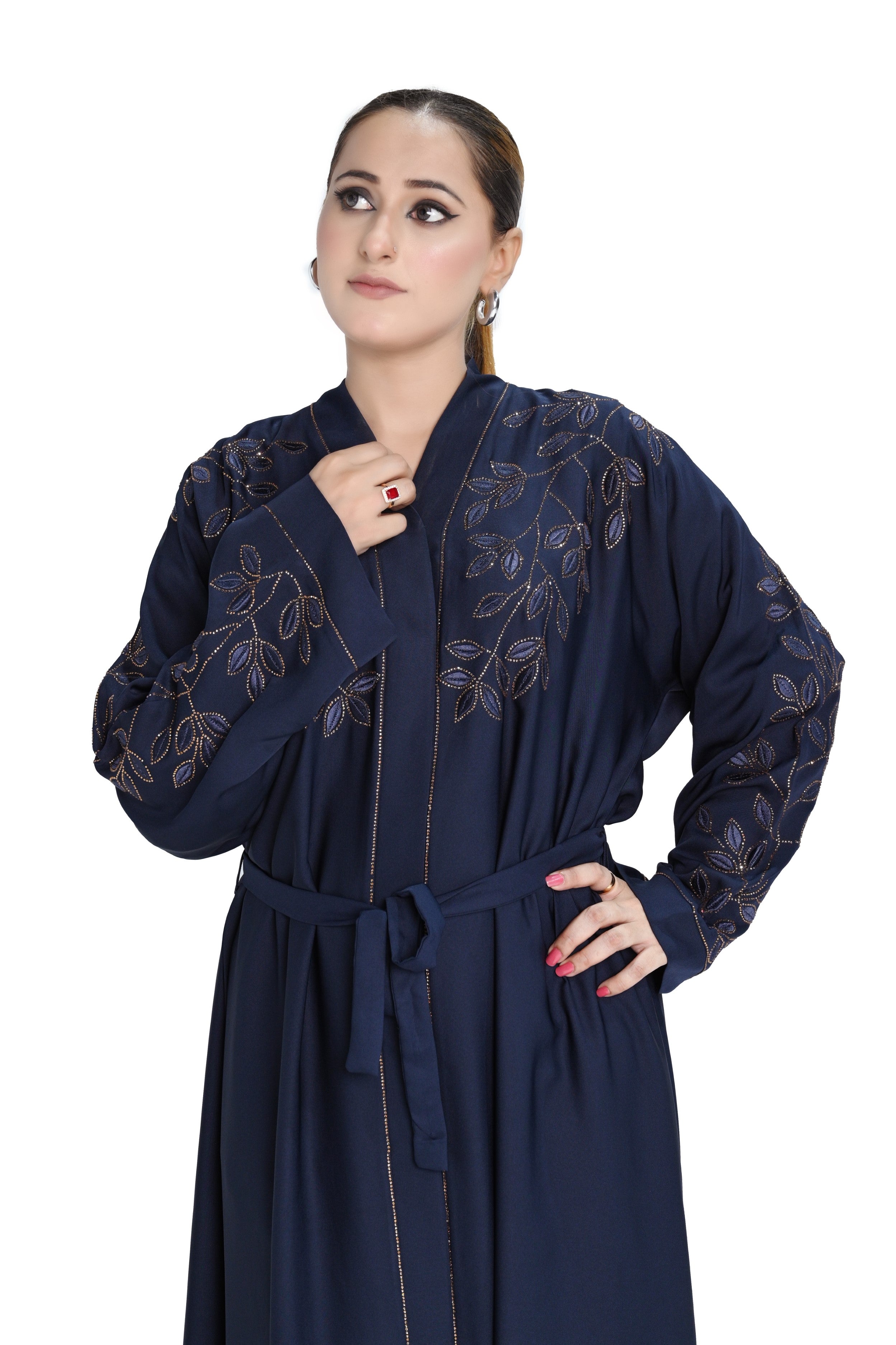 Navy Blue Embroidered Abaya with Waist Belt – Elegant Modest Fashion