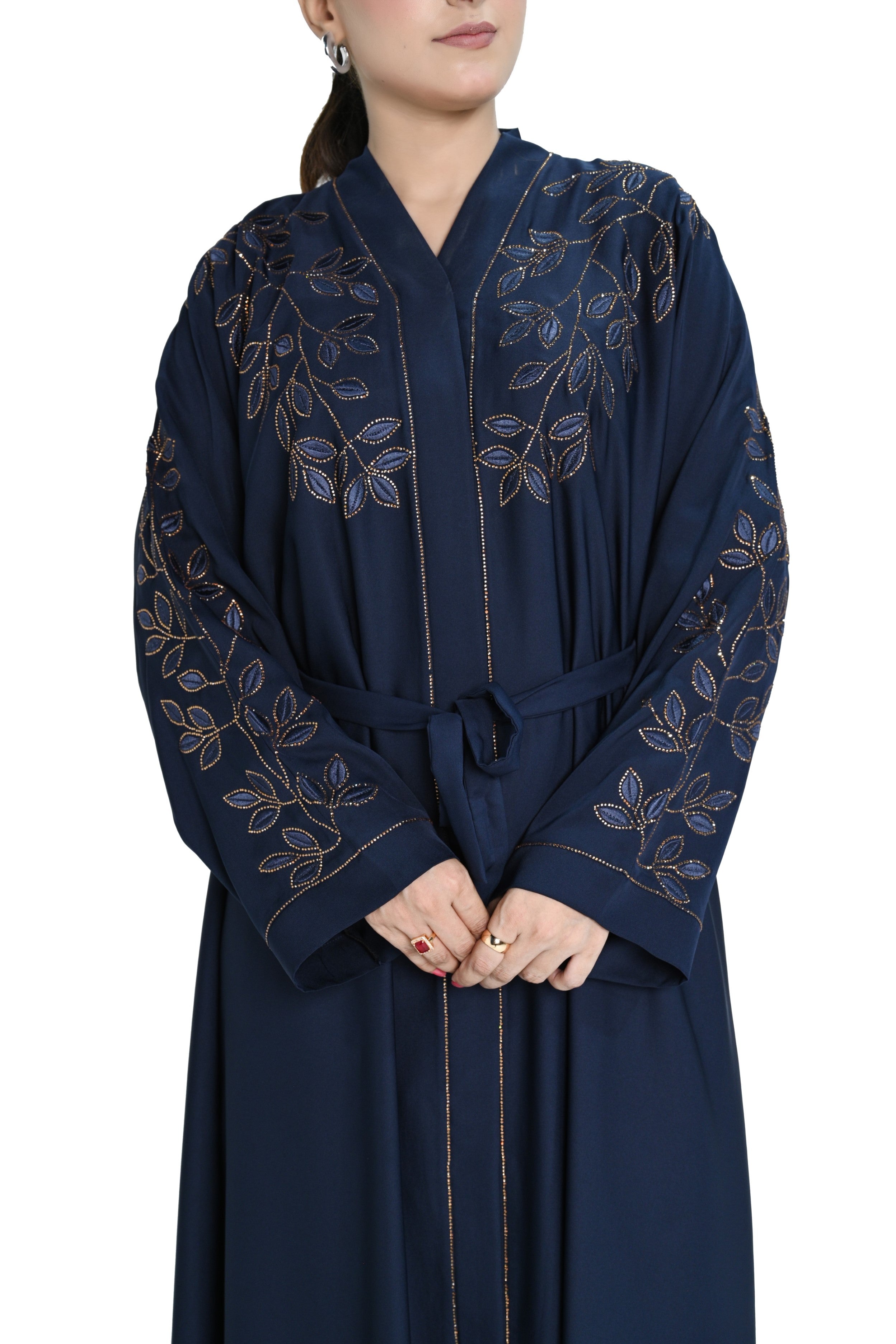 Navy Blue Embroidered Abaya with Waist Belt – Elegant Modest Fashion